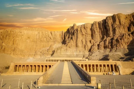 A panoramic view of Karnak Temple at sunrise. alt
